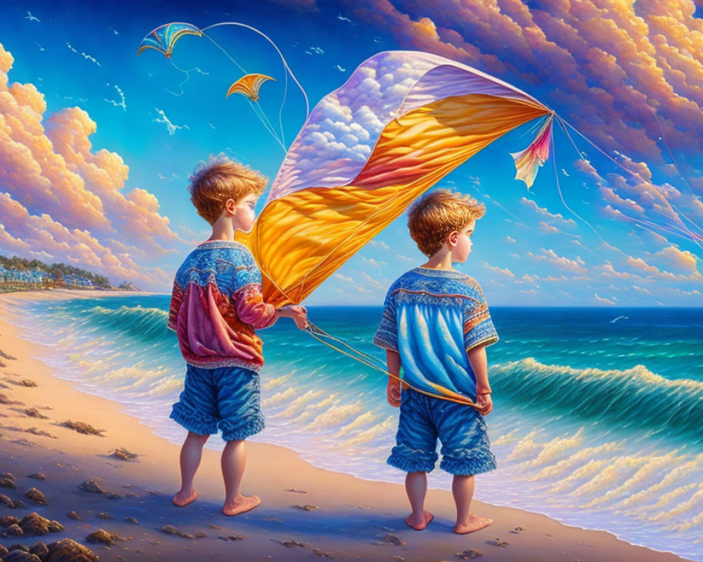 Two boys flying colorful kite on beach with fluffy clouds and crashing waves