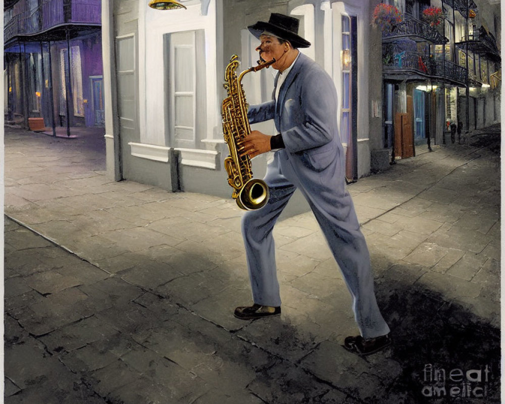 Man in Blue Suit Playing Saxophone in Vintage Street Scene