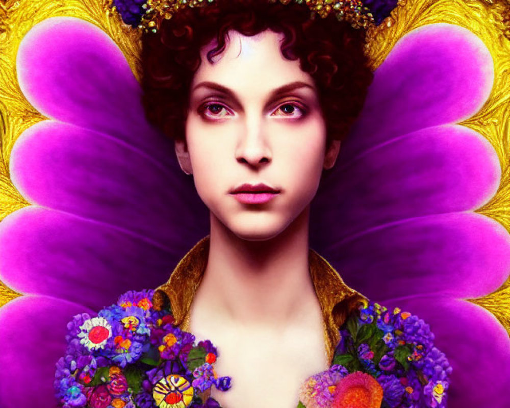 Surreal portrait of woman with floral hat and purple petal collar