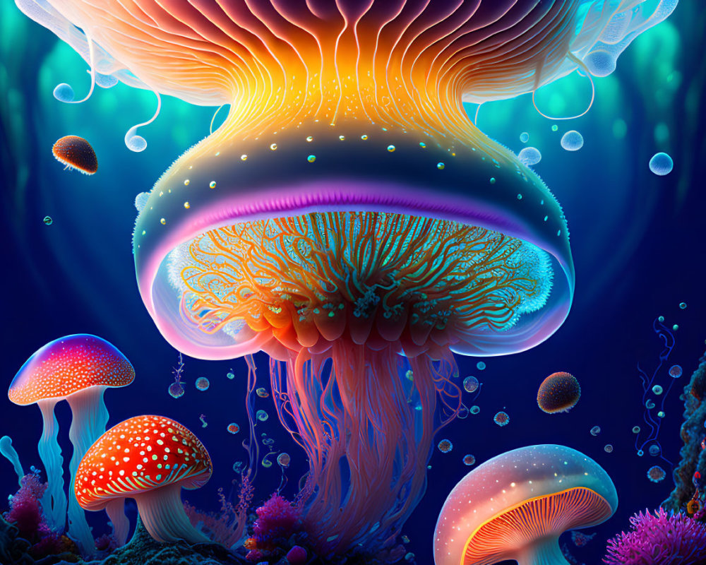 Detailed Bioluminescent Jellyfish Illustration in Vibrant Underwater Scene