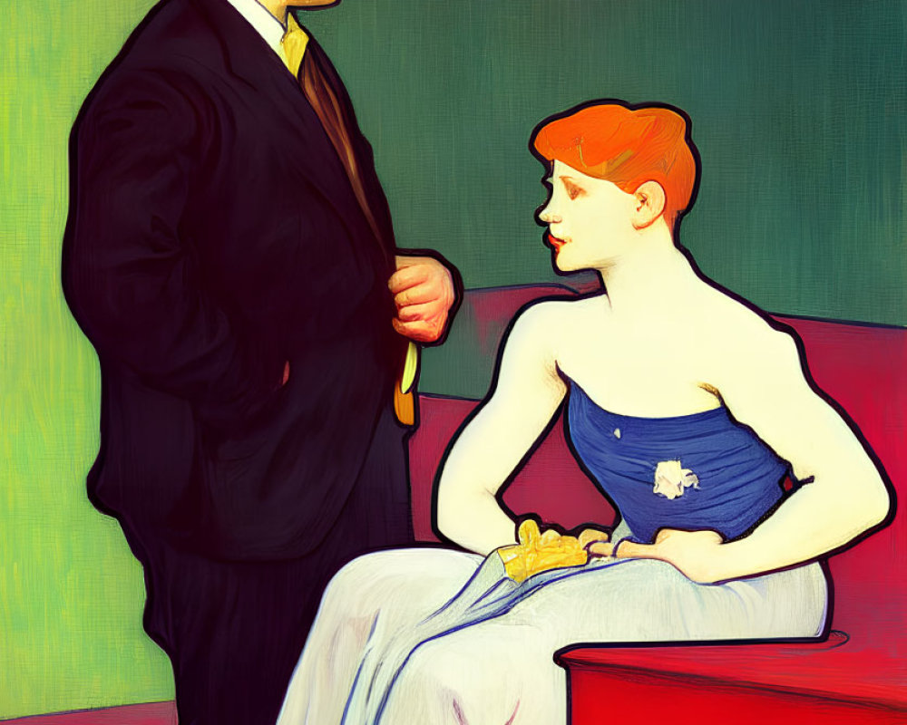 Illustration of man in black suit conversing with red-headed woman in blue dress on red chair against