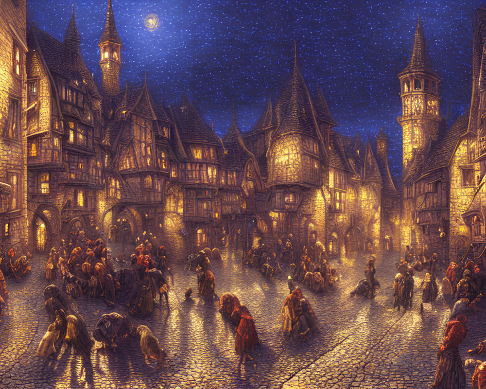 Medieval Night Street Scene with Townsfolk and Starry Sky
