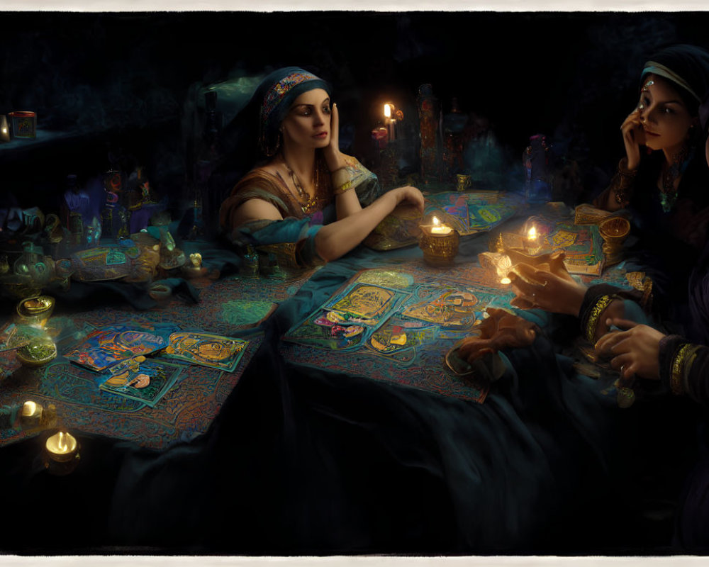 Women at table with candlelight, tarot cards, and mystical objects exchanging glowing orb.