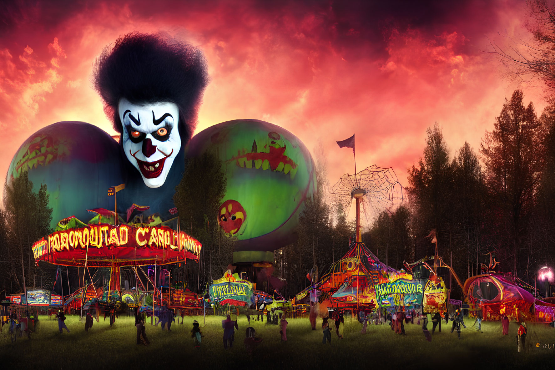 Eerie carnival scene at dusk with clown-faced entrance & haunted attractions