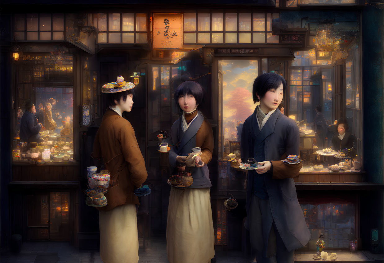Three People in Traditional Attire Walking Through Busy Street with Tea and Treats