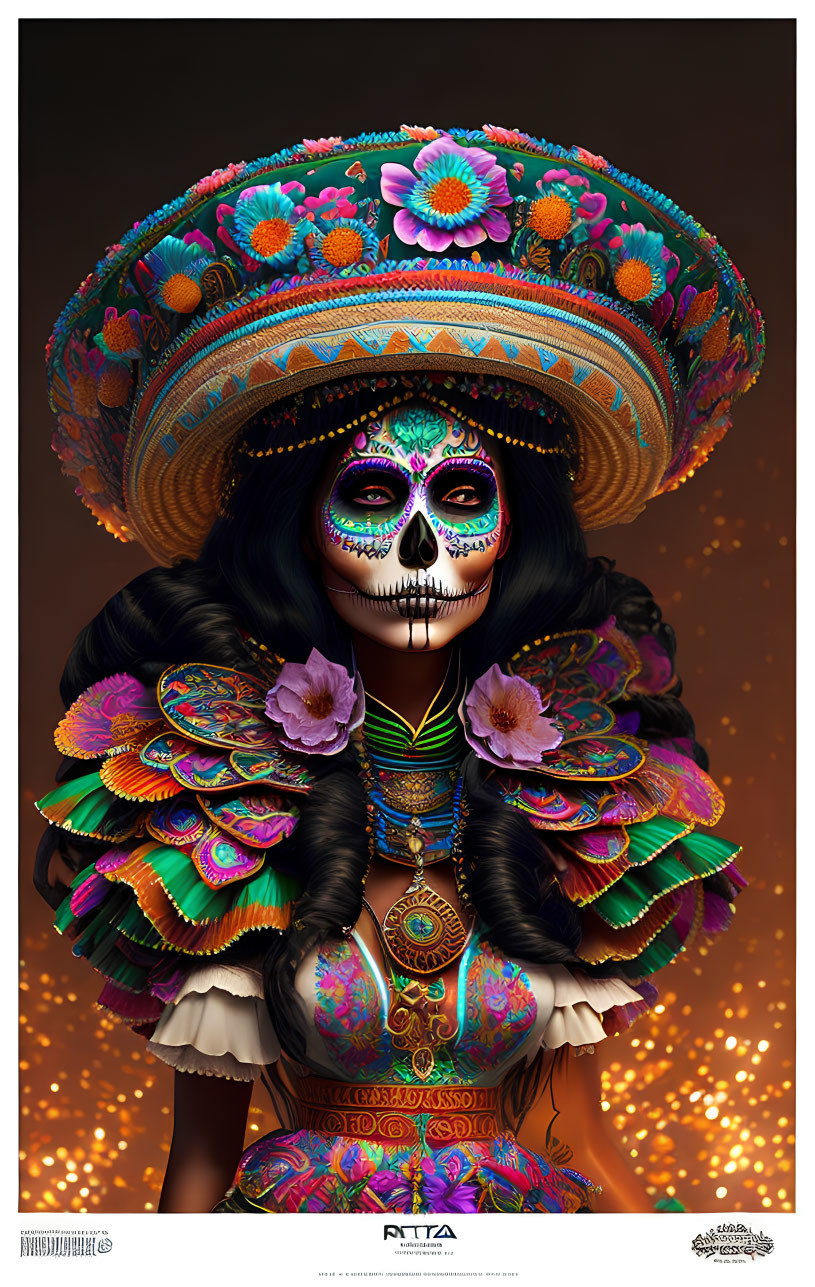 Colorful Skeleton Figure with Floral Sombrero and Feathered Neckpiece