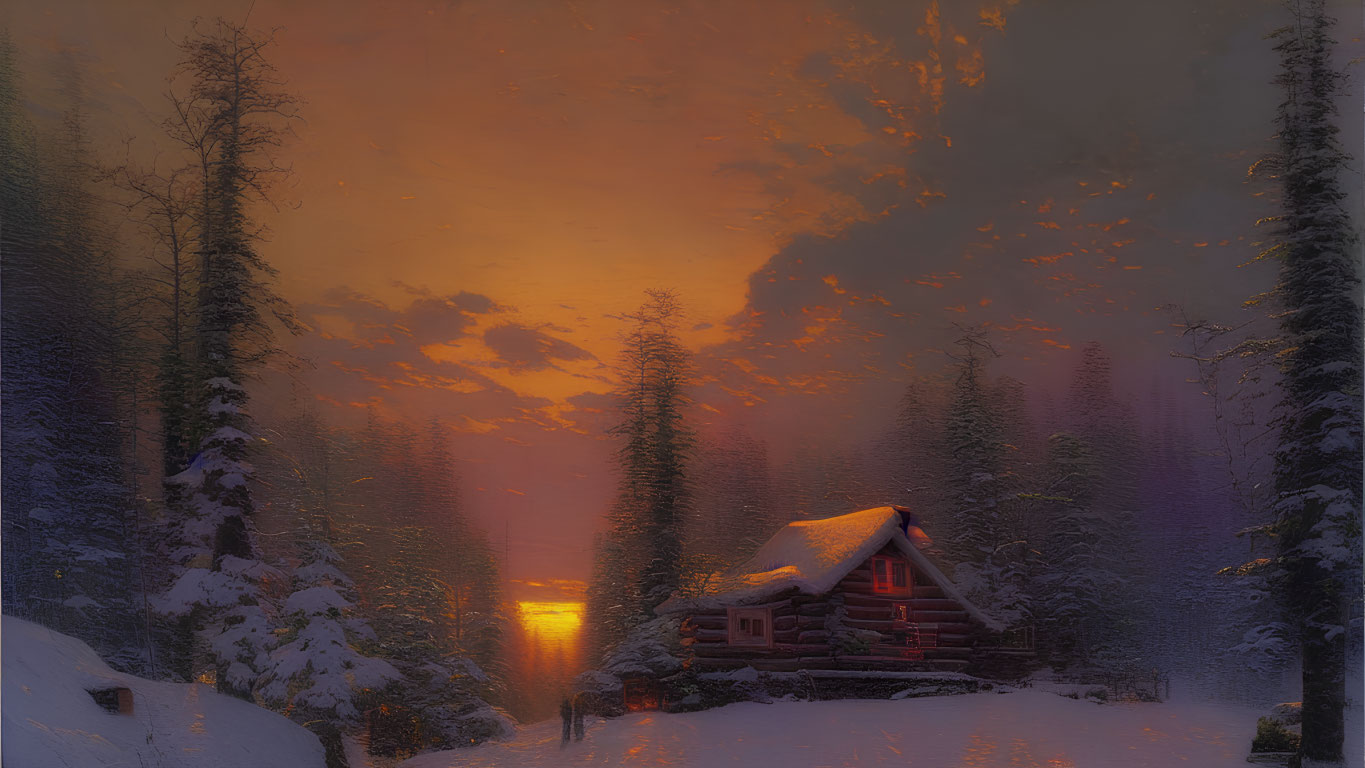 Snow-covered wooden cabin surrounded by trees in warm sunset glow
