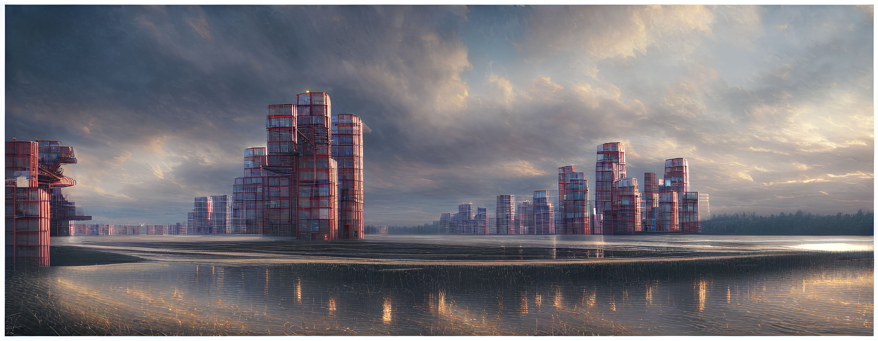Futuristic cityscape with cylindrical structures under dramatic sunset sky