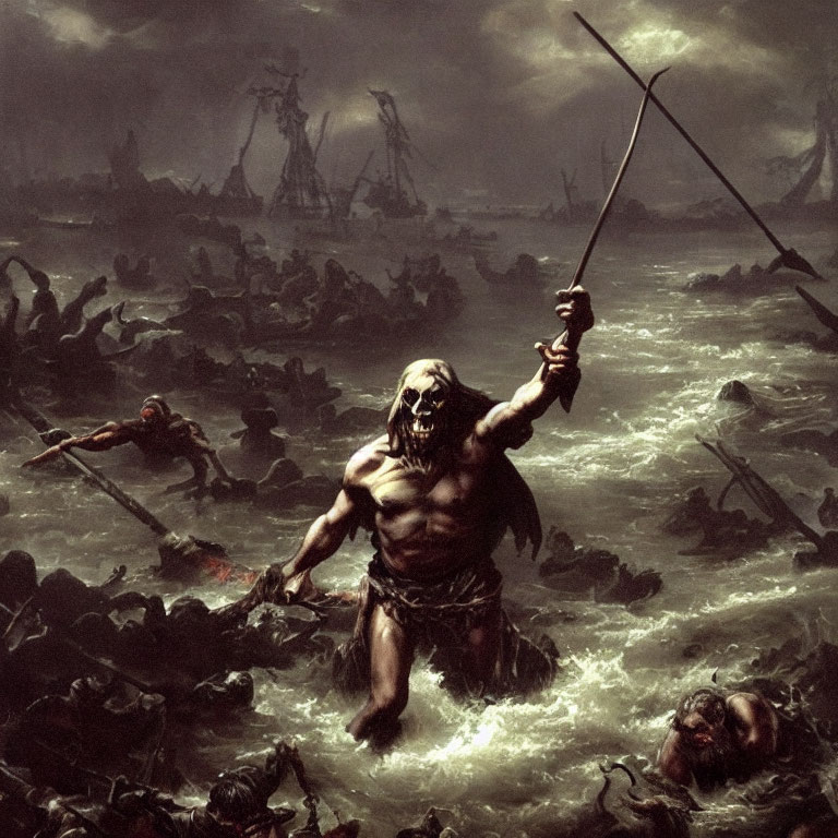 Maritime painting of man with trident in stormy sea