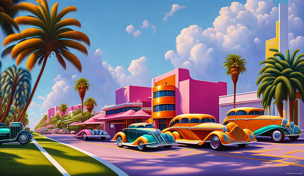 Vintage car lineup by 1950s diner under palm trees in colorful retro illustration