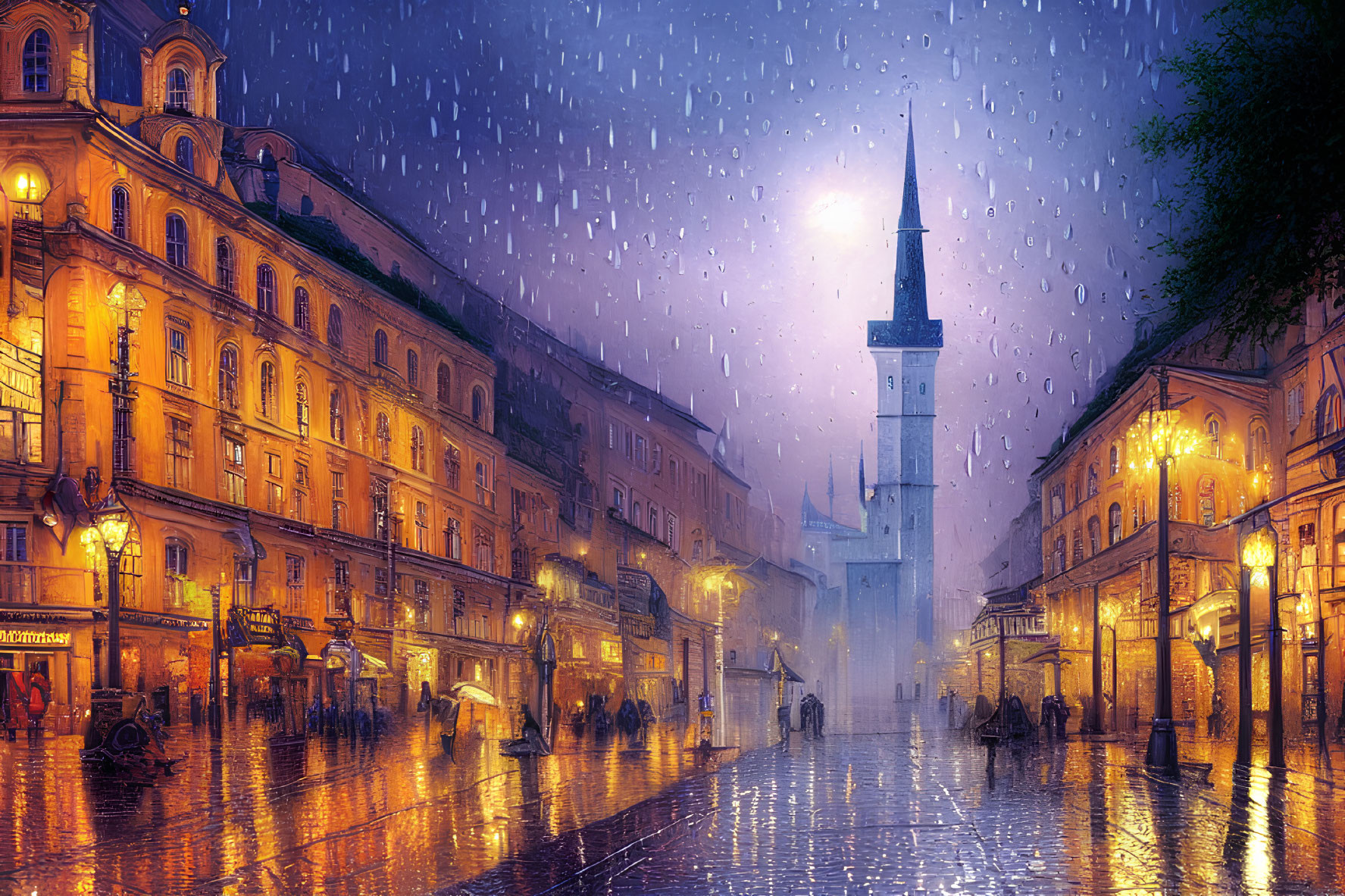 Historic architecture and glowing street lamps on rain-drenched cobblestone street