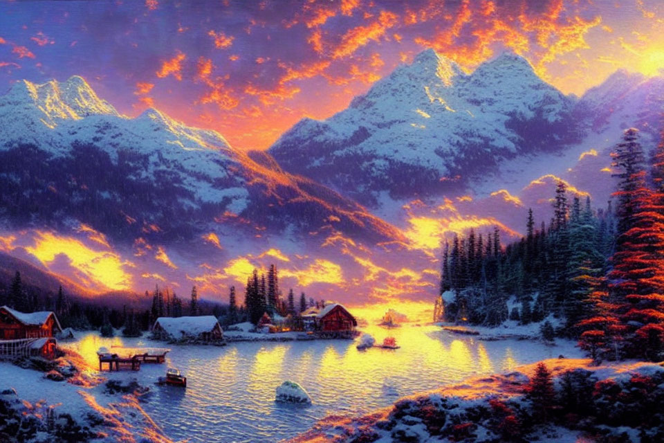 Snow-covered mountain peaks, serene lake, village, pine trees, orange and purple sunset skies