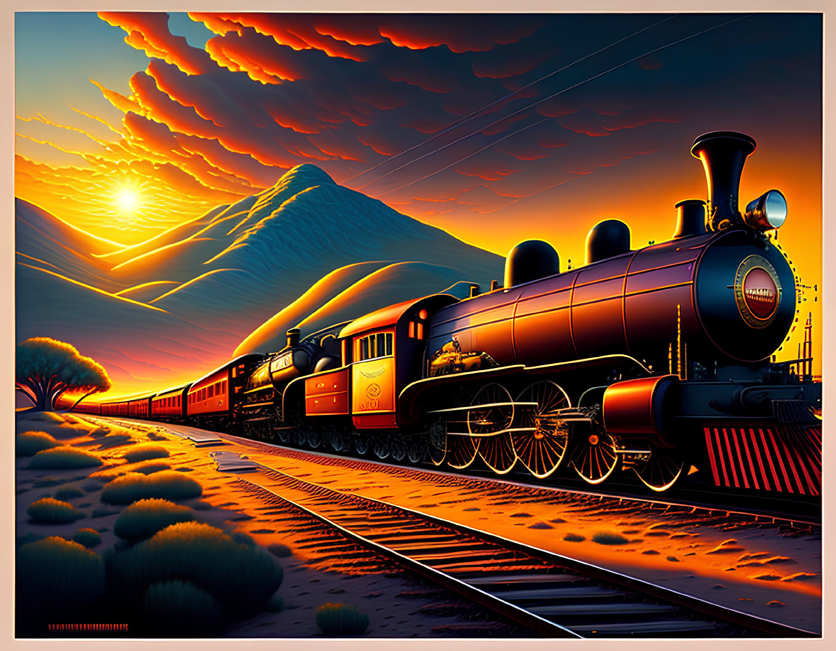 Vintage steam train by mountain under orange sky at sunset