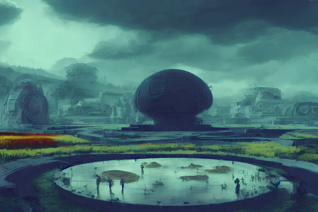 Futuristic cityscape with spherical buildings and overcast skies