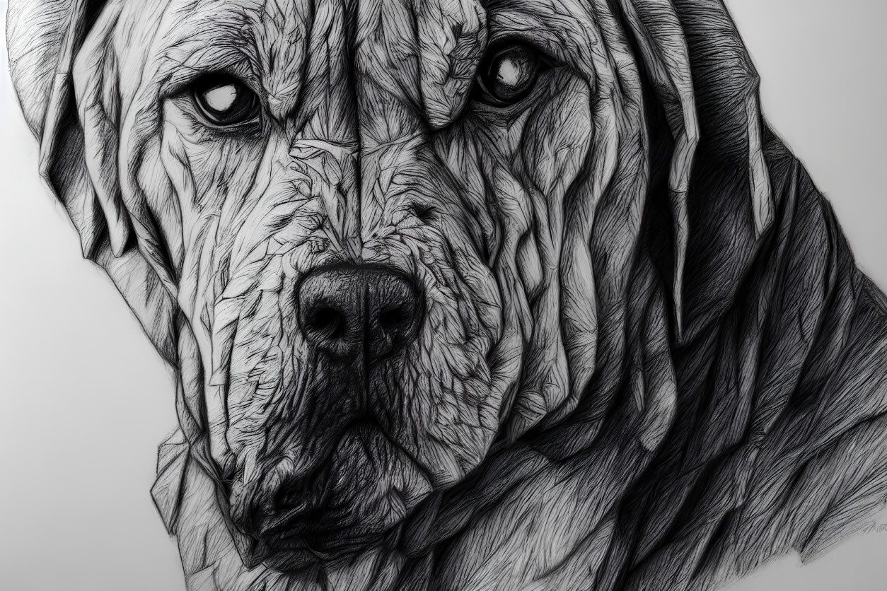 Detailed pencil sketch of intense mastiff with deep-set eyes & wrinkled fur