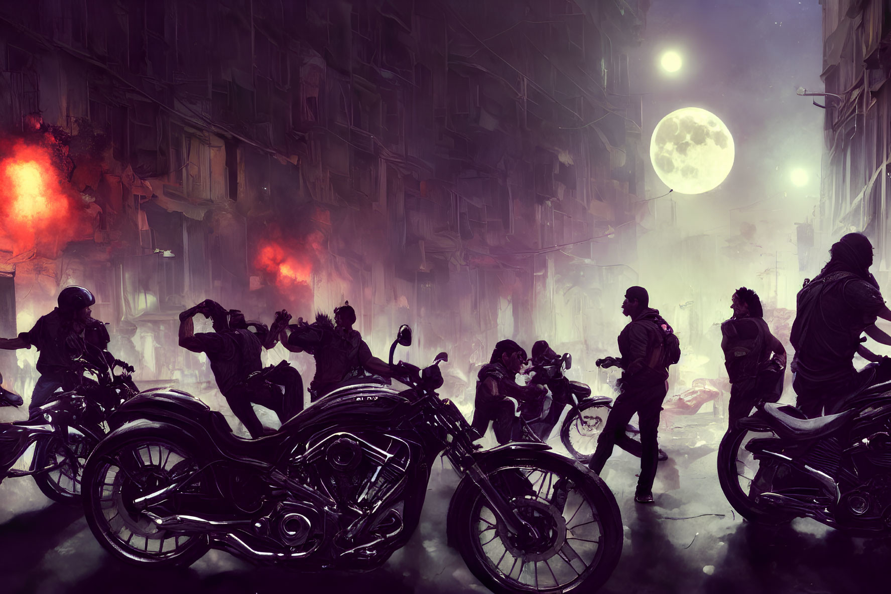 Group of people on motorcycles in foggy urban night scene under full moon