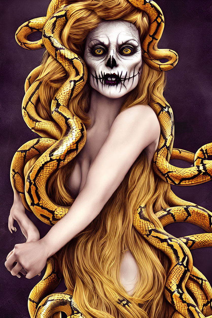 Woman with skull-like makeup and golden snakes in hair, resembling Medusa.