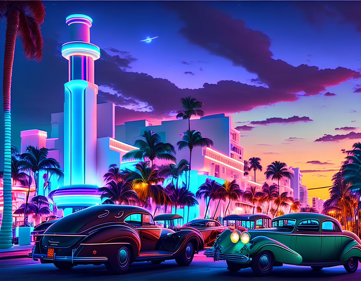 Colorful retro-futuristic cityscape with neon-lit Art Deco buildings