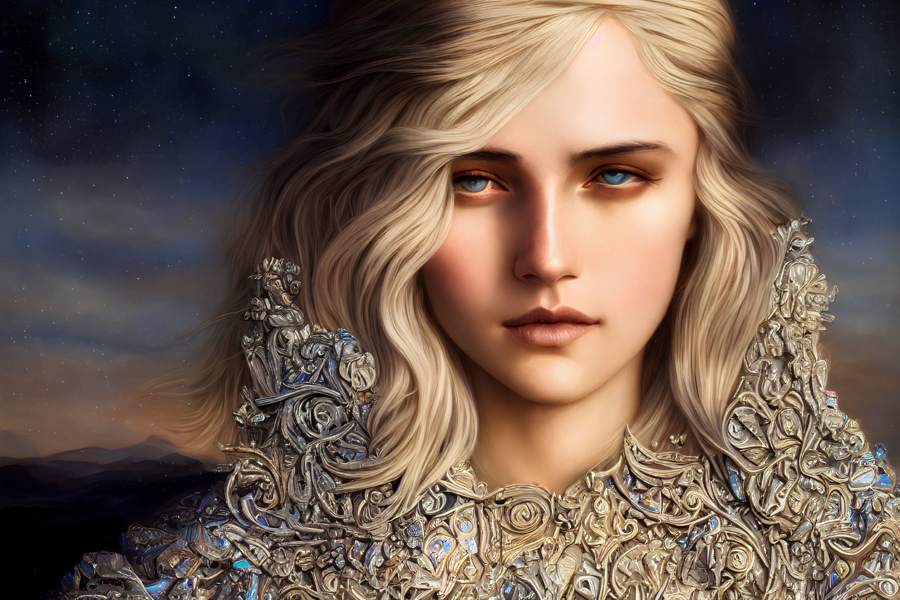 Digital artwork: Woman in silver armor with blond hair under starry sky