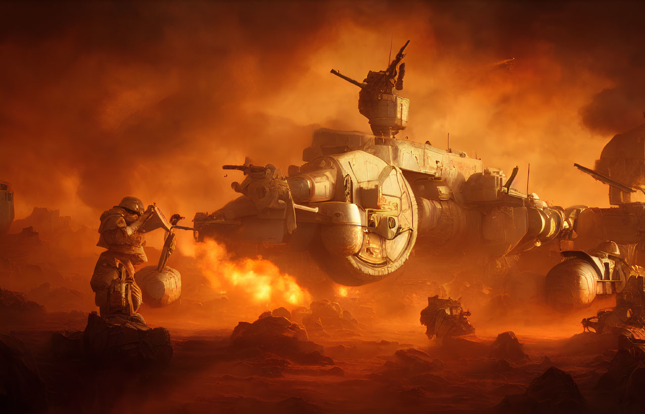 Dystopian soldier in battered armor confronts massive tank in fiery wasteland