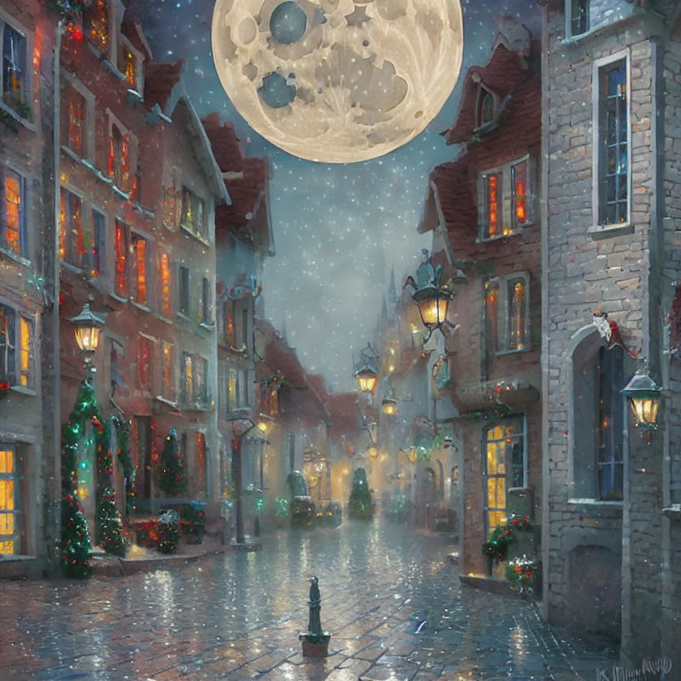 Festive cobblestone street under full moon and snow
