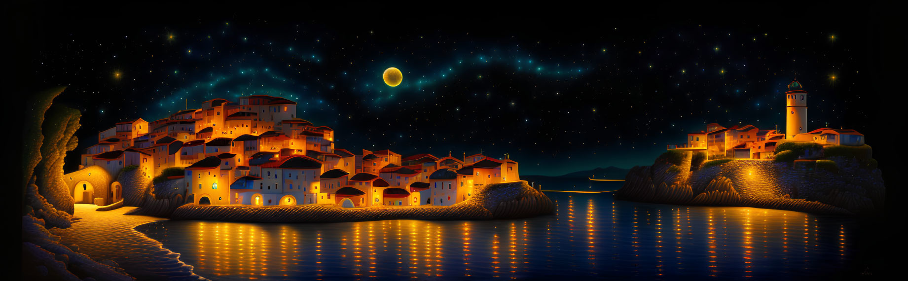 Panoramic Mediterranean village night scene with starry skies, glowing buildings, lighthouse, and moon