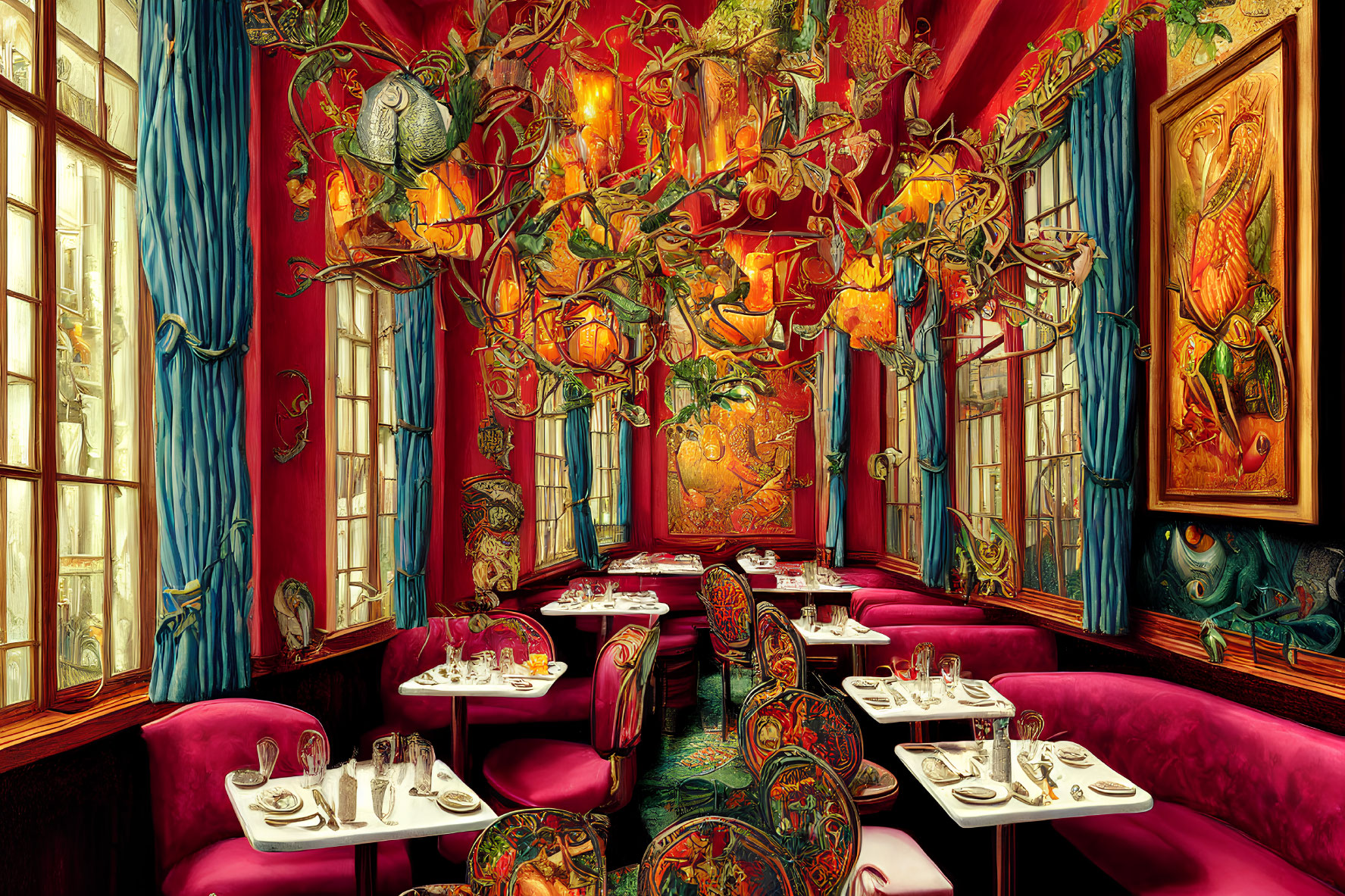 Luxurious Dining Room with Red Walls and Elaborate Decor