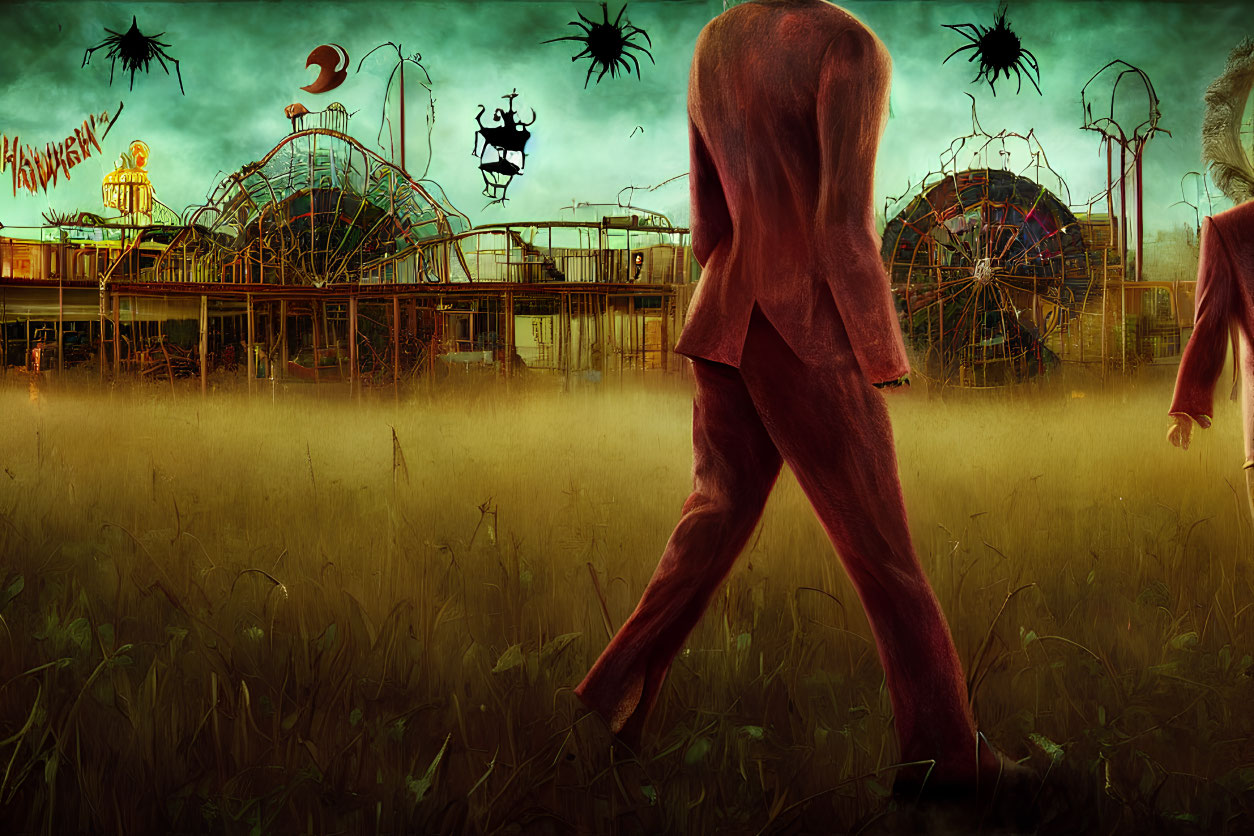 Surreal artwork: Faceless figures in suits near decrepit amusement park