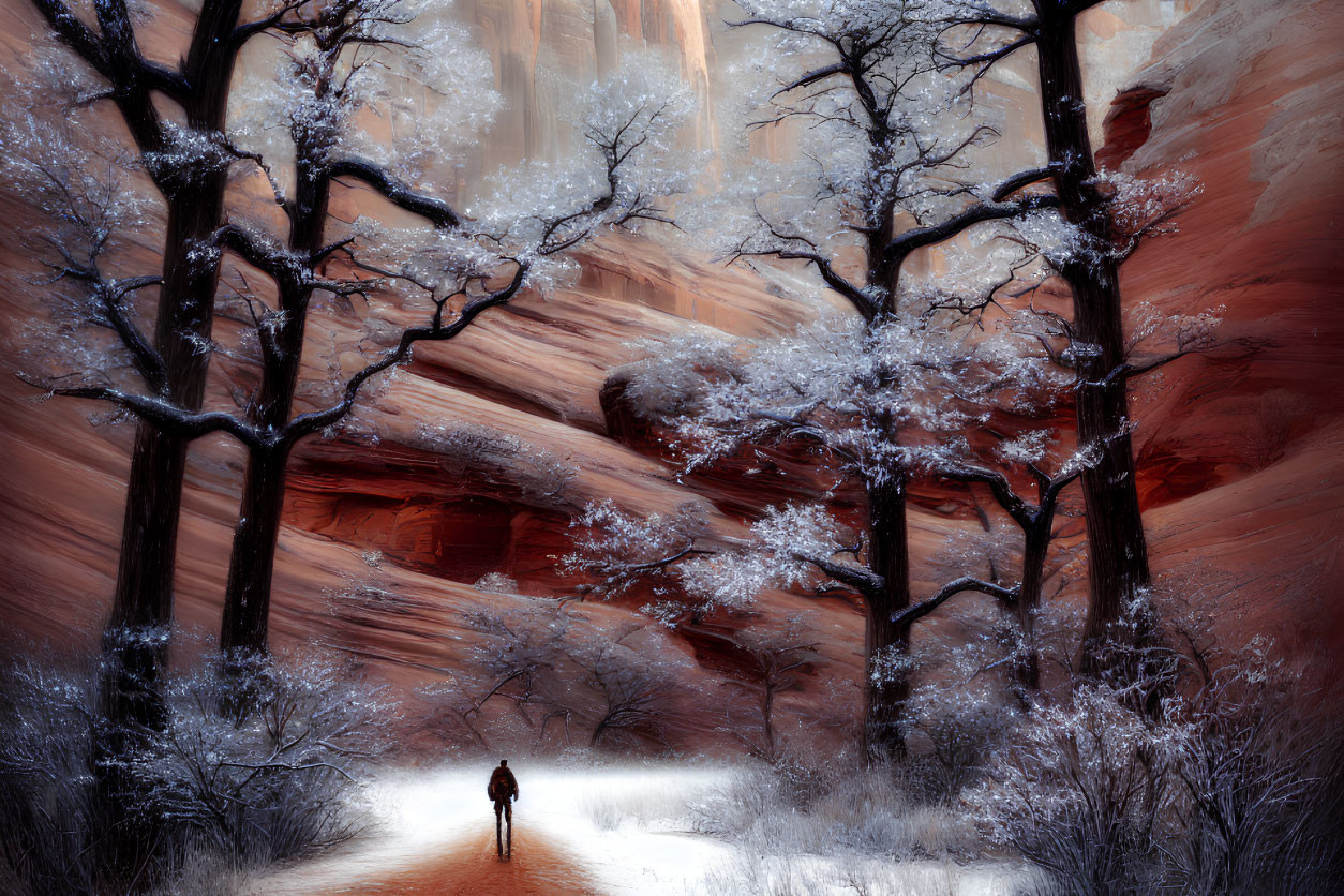 Snowy Path with Frosted Trees and Red Rock Canyon Walls