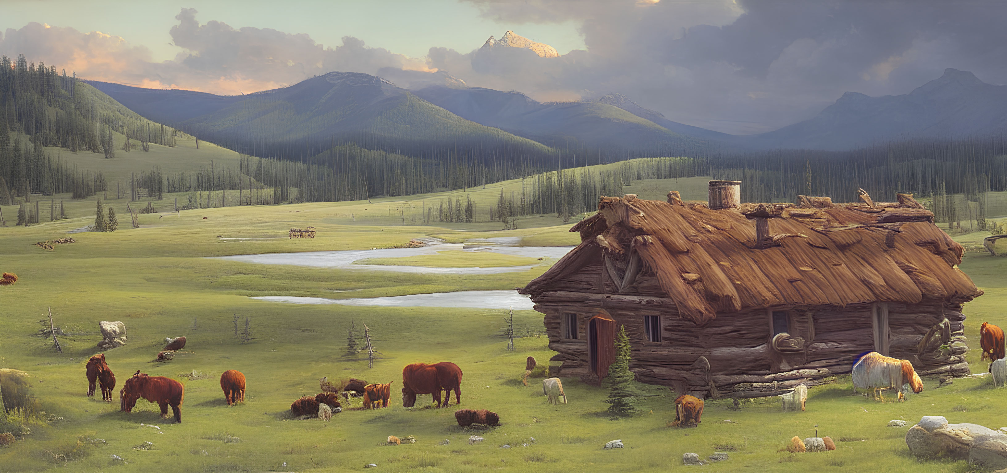Rustic log cabin in serene landscape with grazing cattle, river, and mountains