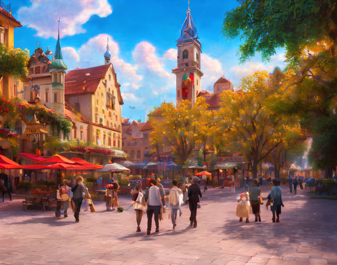 Vibrant European town square with clock tower and colorful buildings