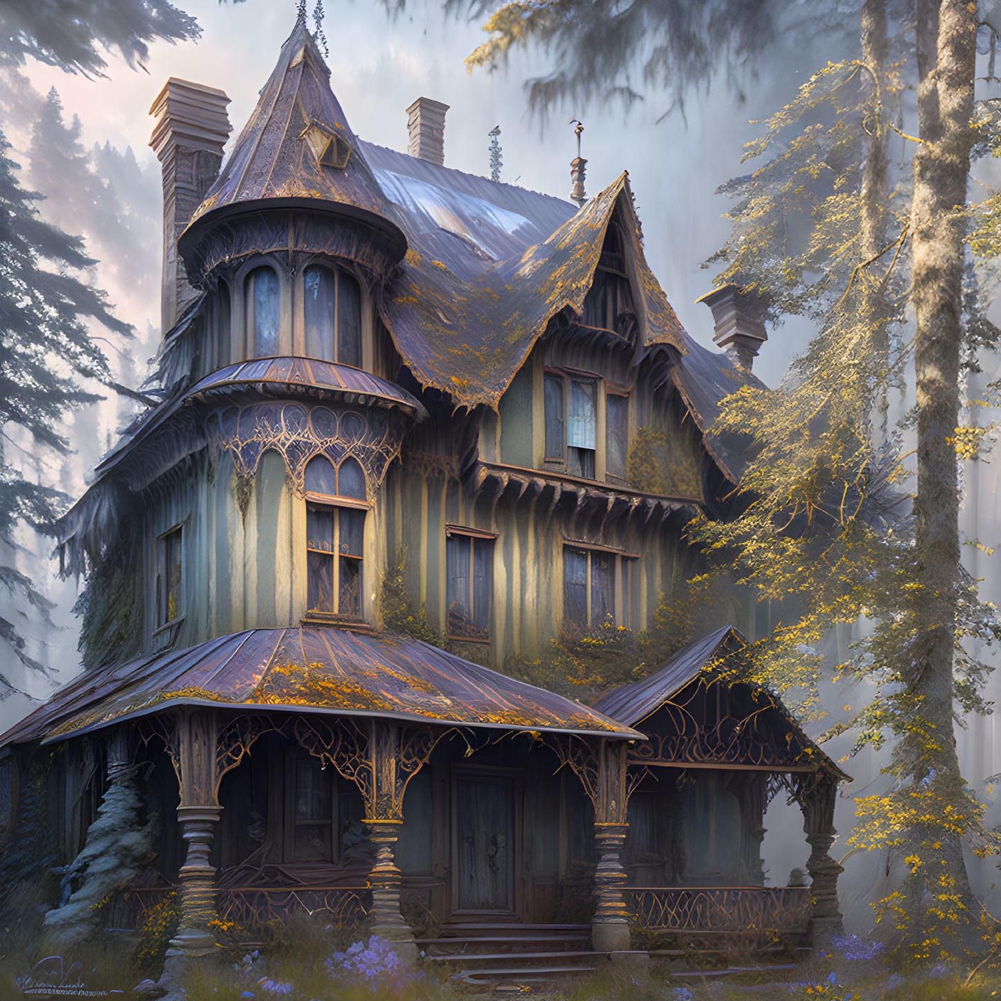 Victorian House with Ornate Trimmings in Misty Forest