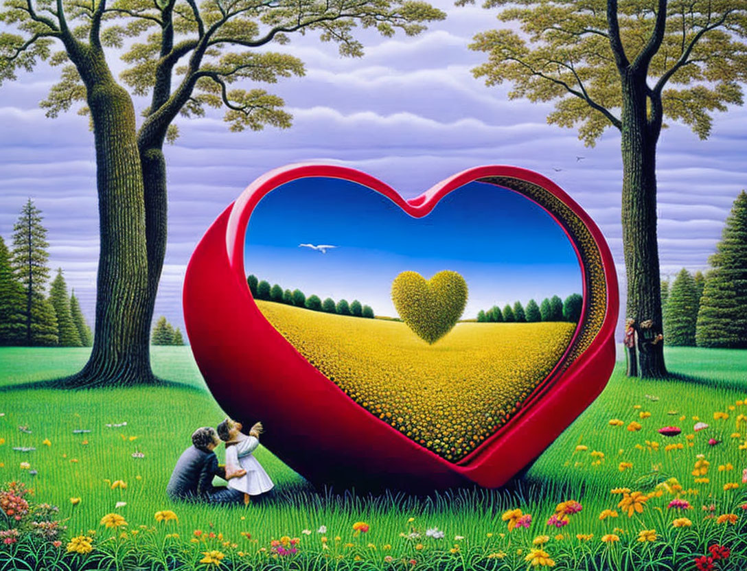 Vibrant artwork: couple by heart frame, yellow flower field, heart-shaped trees