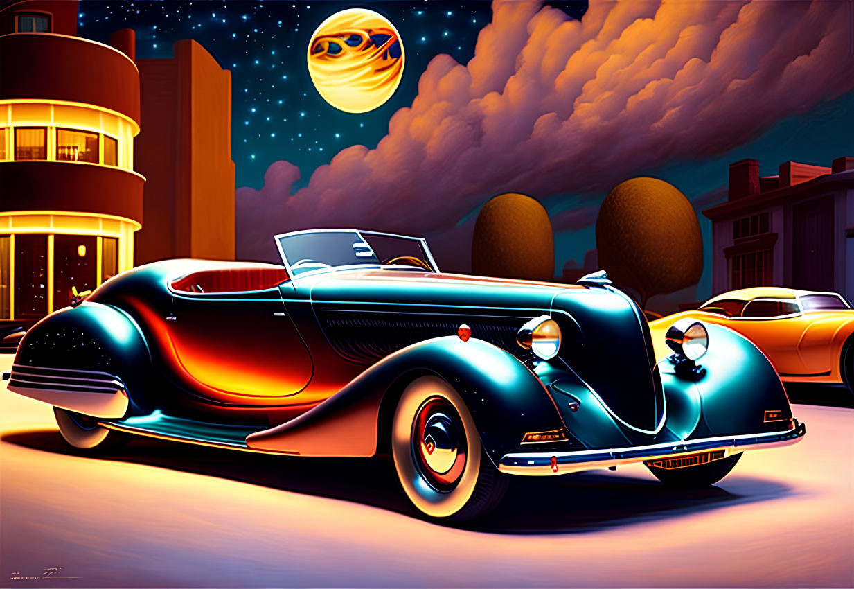 Stylized city street scene with vintage cars and oversized planet at night