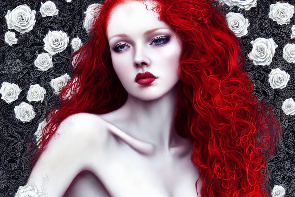 Vibrant red-haired woman with red lips among white roses and dark patterns