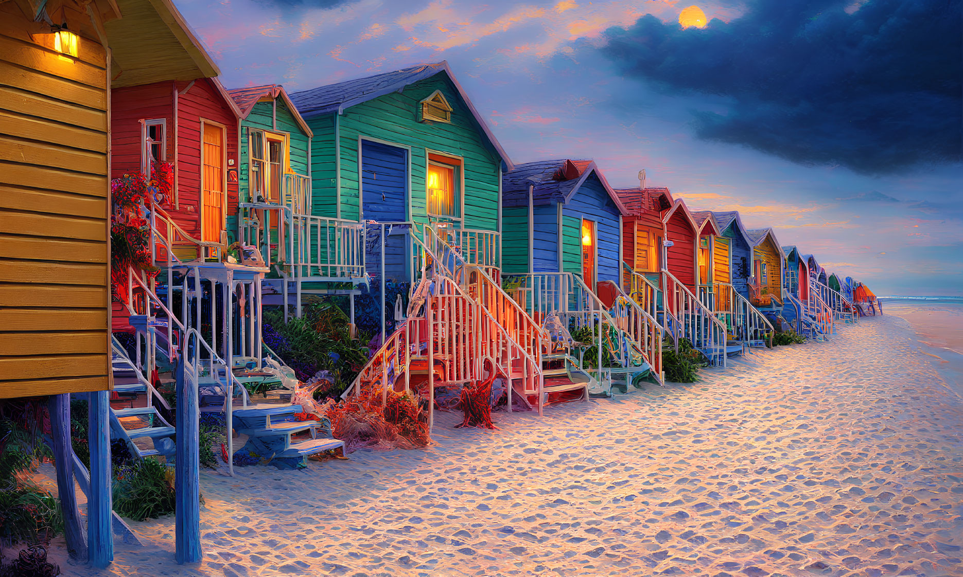 Colorful Beach Huts with Wooden Stairs at Twilight