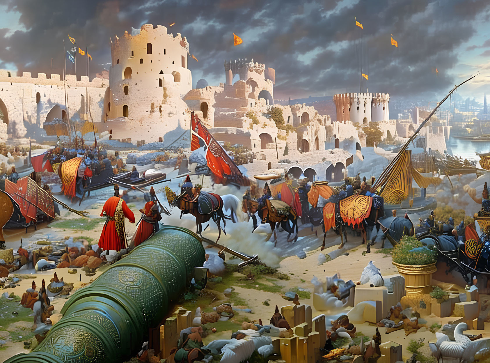 Medieval siege scene with knights, archers, trebuchets, and city walls