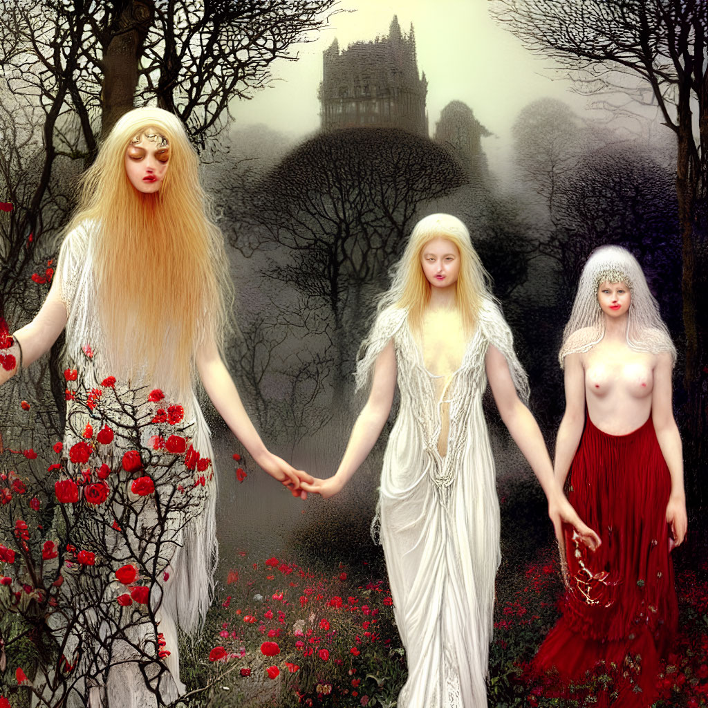 Ethereal women in mystical forest with red flowers and castle silhouette