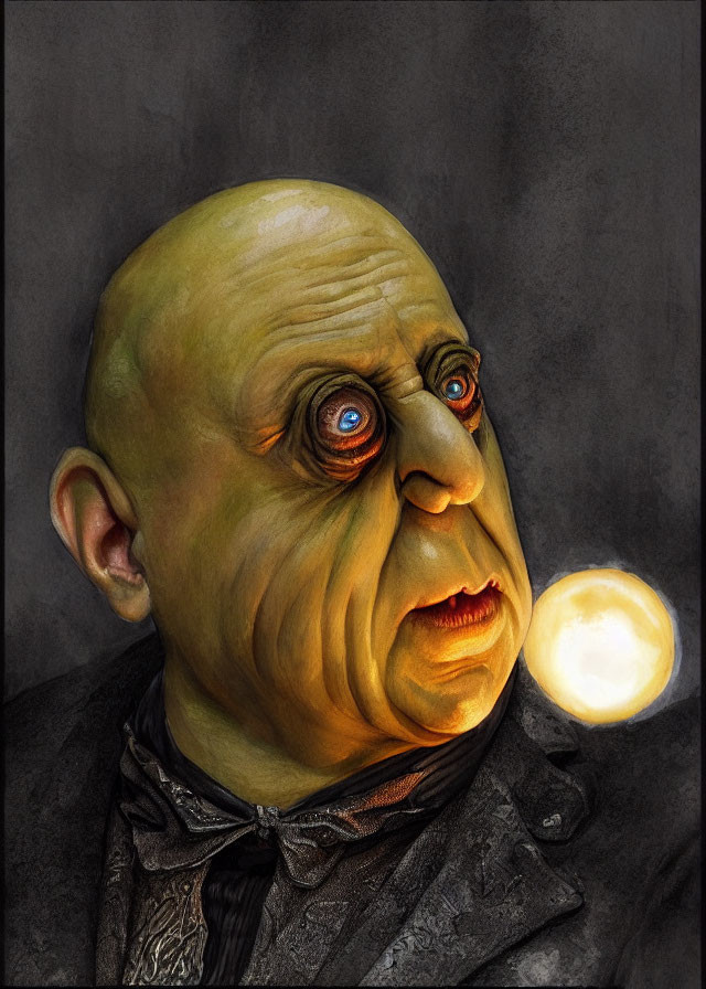 Illustration of creature in dark suit with bald head and large eyes gazes at glowing orb