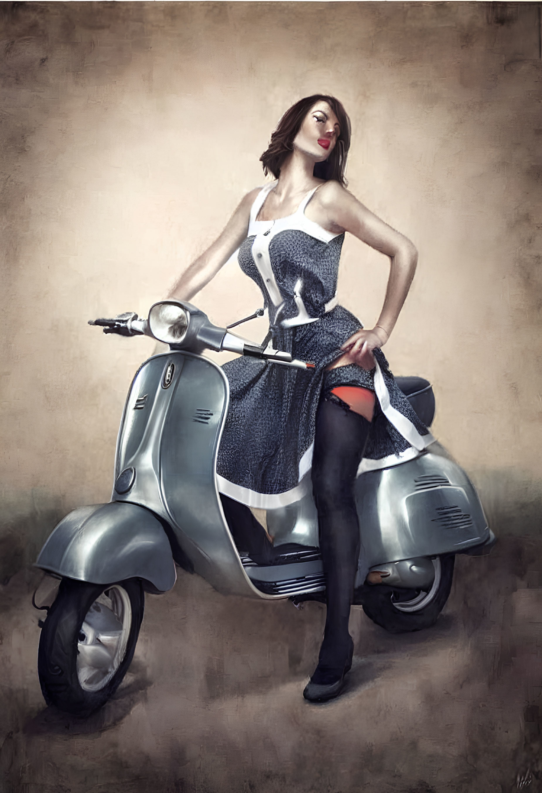 Vintage dress woman poses with lifted leg on classic scooter