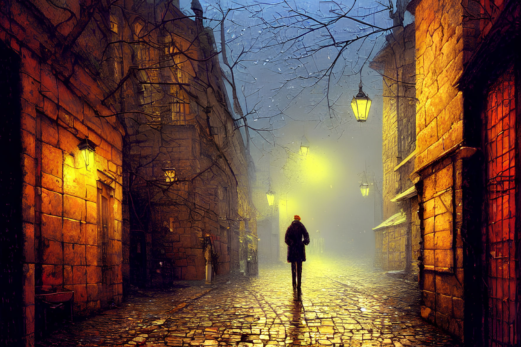 Solitary figure walking in misty cobblestone alley at dusk