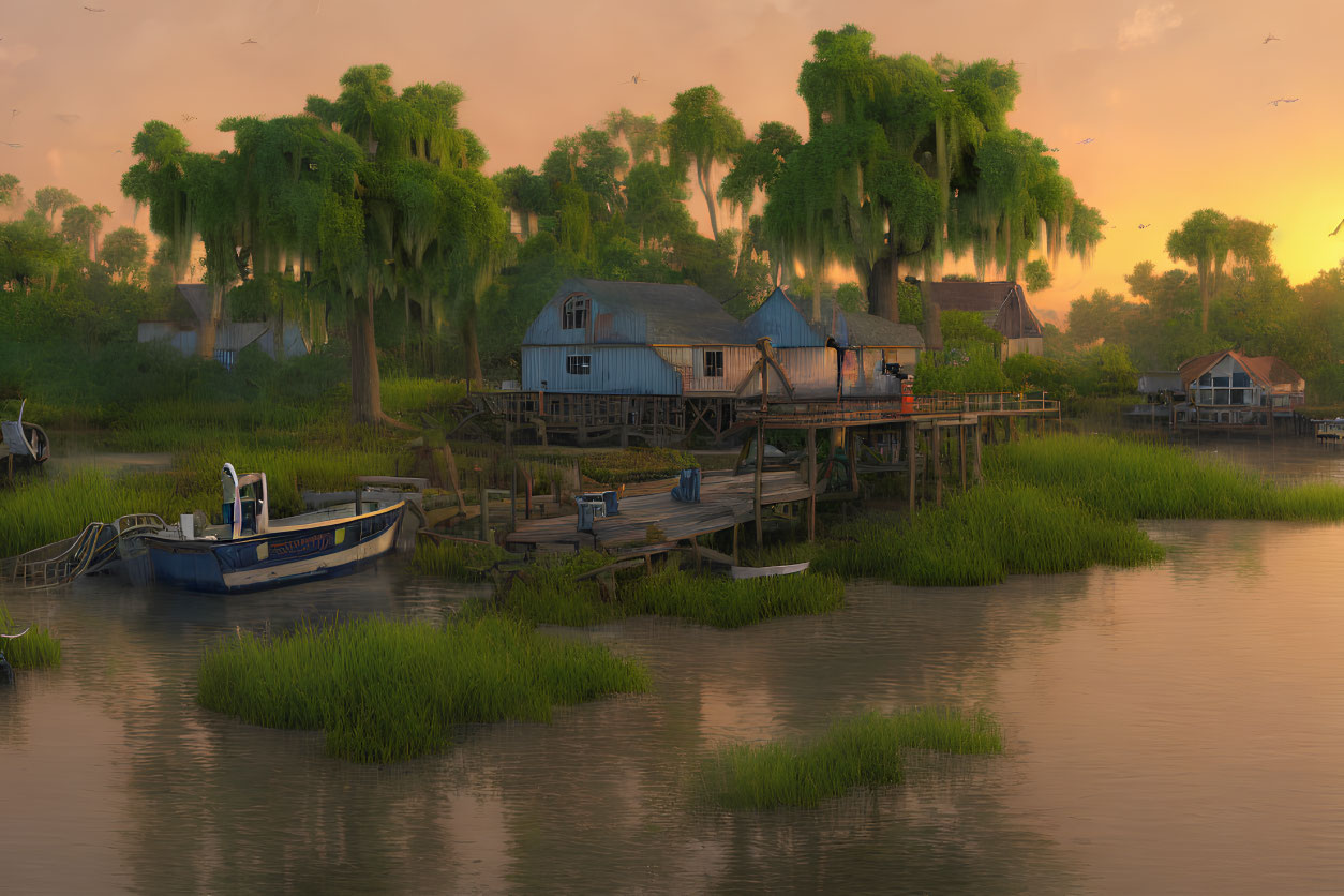 Riverside sunset scene with wooden houses, lush greenery, and docked boat