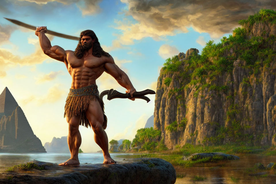 Muscular animated warrior with sword by river and cliffs