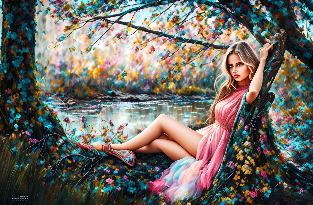 Woman in Pink Dress Relaxing by Blooming Tree and Tranquil River