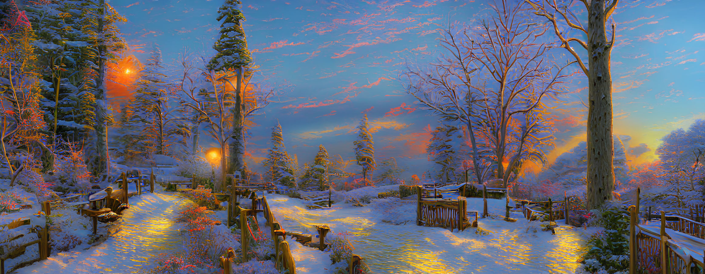 Snowy Dusk Landscape with Illuminated Lamps and Trees
