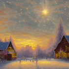 Snowy Winter Village Scene with Cozy Houses and Starry Sky