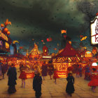 Vintage carnival scene with vibrant lights and dark sky