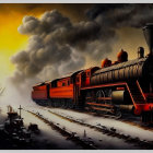Vintage steam train by mountain under orange sky at sunset