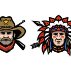 Computer-generated faces: one with cowboy hat, one with Native American headdress