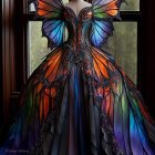 Colorful Fantasy Costume with Butterfly Wings and Flowing Gown